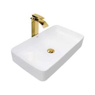 Imagem de Kit Cuba Pia Louça Cerâmica Banheiro C/Torn e Vál Dourada 56 - Smart N