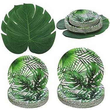 Imagem de Fuutreo 124 peças de decorações de festa havaianas de luau incluem 100 peças de pratos de papel tropical, placas de folha de palmeira de 19 cm e 24 folhas de palmeira artificiais tapete de jantar para