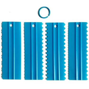 Imagem de CEWIFO Conjunto de raspadores de bolo, pente de decoração e cobertura suave, raspador de dente de serra, polidor, mousse, creme de manteiga, borda de bolo, ferramenta DIY - 8 texturas de design (azul)