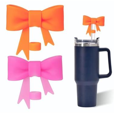 Imagem de Capa de palha de laço laranja e rosa para copo Stanley de 40 e 850 g, tampa de cobertura de palha de silicone de 103 mm para acessórios de copo Stanley, bonito topo de palha para copos, tampa de palha