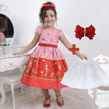 Imagem de Kit Vestido infantil tema da Moranguinho + saia filó + laço cabelo - M