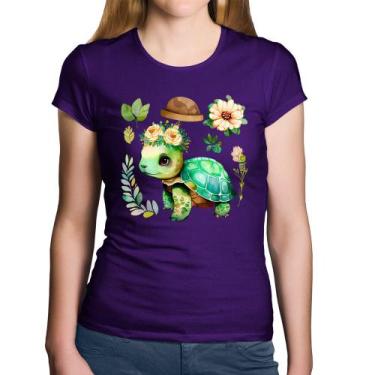 Imagem de Baby Look Algodão Tartaruga, flores e chapéu - Foca na Moda, Roxo, M