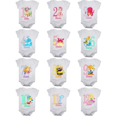 Imagem de Kit body mesversario fundo do mar menina 12 bodies de bebê - Calupa, B