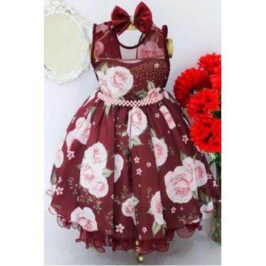 Imagem de Vestido Infantil Festa Luxo Floral Marsala Casamento Daminha E Tiara -