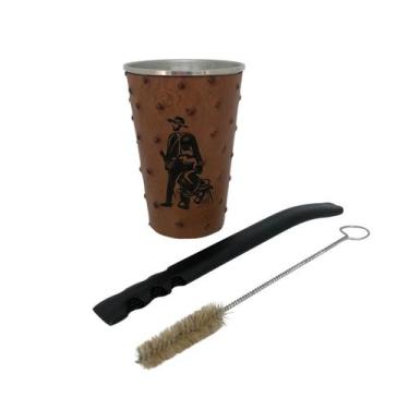 Imagem de Kit tereré cuia copo redondo alumínio revestido de couro modelo avestr