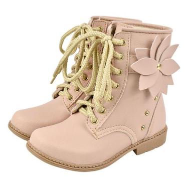 Imagem de Bota Coturno Infantil Menina Flor e Cadarço Nude - Raniel Calçados, 28
