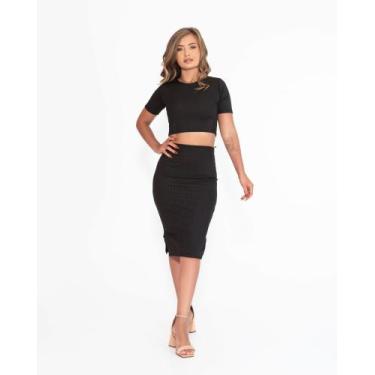 Imagem de Conjunto canelado saia midi com fendas laterais - La lunna , Preto, G 