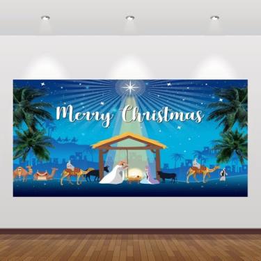 Imagem de Pano de fundo de presépio de Natal 6 x 3 m, faixa de presépio de feliz Natal grande azul para decoração de festa de Natal, decoração de festa de Natal, estúdio fotográfico