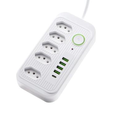 Imagem de Filtro de Linha Bivolt 5 Tomadas, 4 USB, 1 USB-C, Cabo de 2m, 110-220V, Potência 2500W – Extensão e Régua de Energia para Casa e Escritório