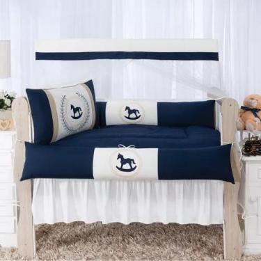 Imagem de Kit Berço Americano Menino Completo 9 Peças Bordado Cavalinho Azul - E