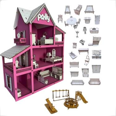 Imagem de Casinha Casa De Boneca Grande Em Mdf Pintado Rosa Com 30 Mini Móveis + Parquinho