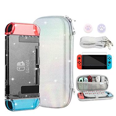 Imagem de FANPL Pacote de capa com glitter para acessórios Nintendo Switch, estojo de transporte Rainbow Sparkle para Switch e controlador Joy Con com capa protetora rígida e protetor de tela, 2 pegadores de