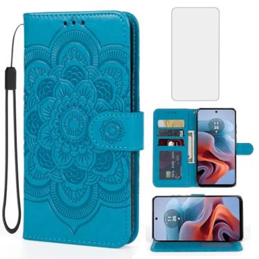 Imagem de Bohefo Capa para Moto G34 5G, capa carteira para Moto G45 5G XT2363-2 com protetor de tela de vidro temperado, capa flip de couro mandala com suporte para cartão de crédito para Motorola Moto G34 5G