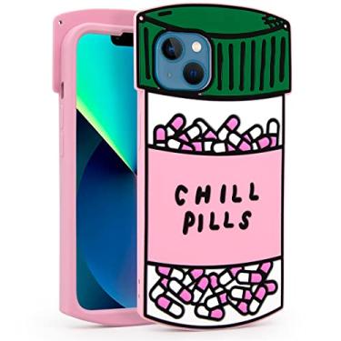 Imagem de Megantree Capa fofa para iPhone 13, capa divertida Chill Pills, capas com estampa de garrafa de desenho 3D, capa de silicone macio com proteção total à prova de choque para crianças, meninas, mulheres e crianças