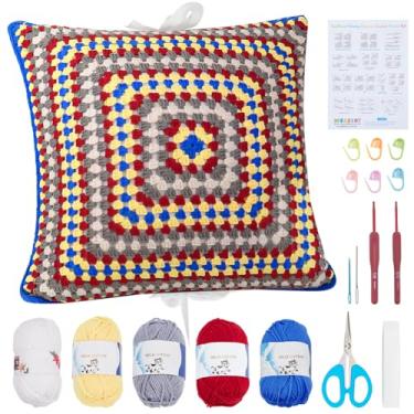Imagem de WEBEEDY Kit de fronhas de crochê para iniciantes, kit de fronhas de crochê com tutoriais em vídeo passo a passo, kit completo de crochê para adultos, suprimentos de tricô, presente de decoração de