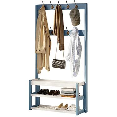 Imagem de Cabideiro de entrada 3 em 1, banco de sapato, árvore de madeira resistente com banco de armazenamento e 9 ganchos removíveis, banco organizador de armazenamento, suporte de sapato, fácil montagem