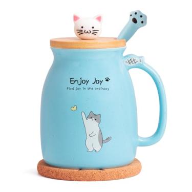 Imagem de Feify Caneca de café de cerâmica para gato fofo com tampa de madeira de gato kawaii, linda colher de aço inoxidável, porta-copos de madeira espessa anime gatinho, caneca japonesa de aniversário de