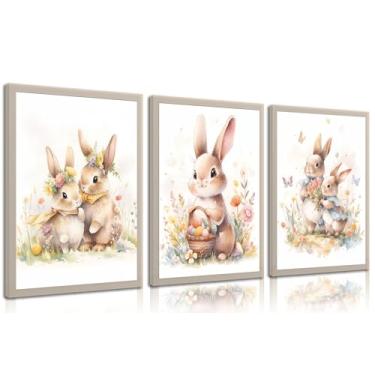 Imagem de 3 peças de arte de parede coelhinho da Páscoa fofo aquarela flores botânicas impressões quarto infantil menina decoração de parede fotos para bebês meninos e meninas sala de estar quarto decoração de