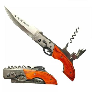 Imagem de Canivete Multifuncional com Saca-Rolhas, Lâmina em Aço Inox, Cabo em Madeira Laranja