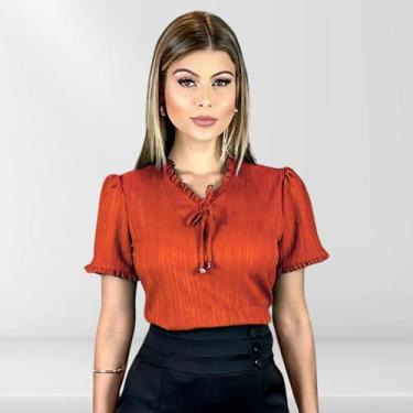 Imagem de Blusa Feminina Social Com Decote V Manga Curta - Katyani Modas, Telha,