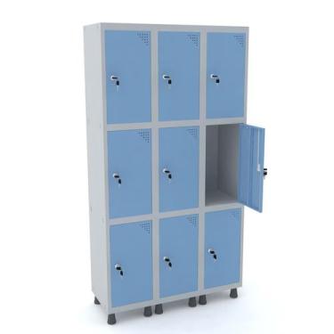 Imagem de Roupeiro de aço 3m 09 portas fechadura pandin - cinza/azul dalí