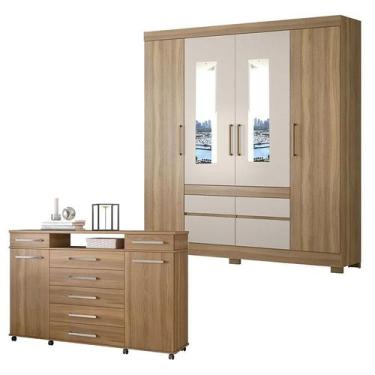 Imagem de Cômoda London e Guarda Roupa Casal Bilbao Amêndola Off White com Espel