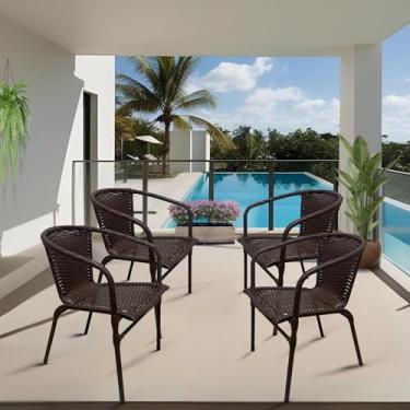 Imagem de Conjunto 4 Cadeira Ravena Poltrona de Junco para Área Piscina Jardim Terraço Deck em Aço Fibra Sintética (Chocolate)