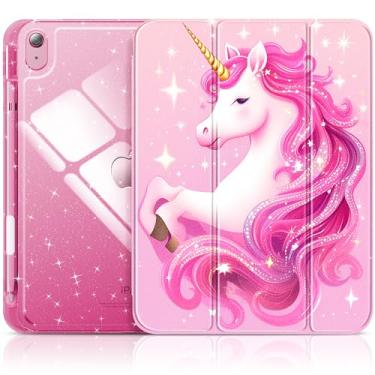 Imagem de Capa INFILAND compatível com iPad A16 11ª ger. 2025 11”, iPad 10ª ger. 10,9”, com glitter, parte traseira transparente brilhante, suporte de lápis, infantil/menina, rosa/unicórnio (Pink Unicorn Dream)