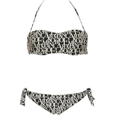 Imagem de Emporio Armani Conjunto feminino clássico clássico de cor lisa e top de biquíni com laço brasileiro preto, Preto, XP