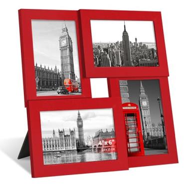 Imagem de SZYUU Moldura de colagem de 10 x 15 cm, 4 molduras para fotos com vidro verdadeiro, porta-retratos de família para pendurar na parede ou exibição de mesa, vermelho