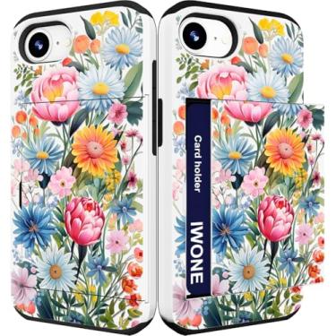 Imagem de IWONE Capa compatível com iPhone 16e 2025 fofa com porta-cartões/capa de telefone carteira fina à prova de choque/flores azuis rosa selvagem paisley peônia floral adorável