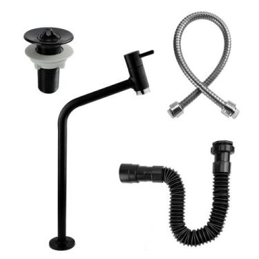 Imagem de Kit Torneira de Banheiro Lavatório Cuba Link Alta 3060 Metal Preta + V