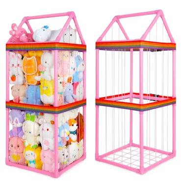 Imagem de Basumee Tubo de armazenamento de animais de pelúcia para crianças com duas tiras de arco-íris, organizador de brinquedos para meninas, meninos, berçário, sala de jogos, quartos, rosa