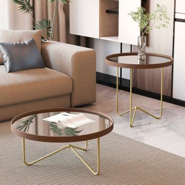 Imagem de Mesa de Centro com Borda em Couro Sintético com Espelho e Pés em Ferro Castanho/Dourado