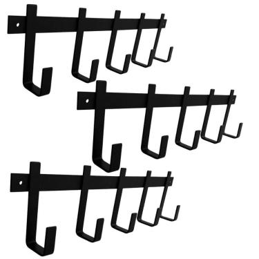 Imagem de Kit 3 Cabideiros de Parede com 5 Ganchos em Aço Preto para Pendurar Roupas Mochilas Bolsas Guarda Chuva