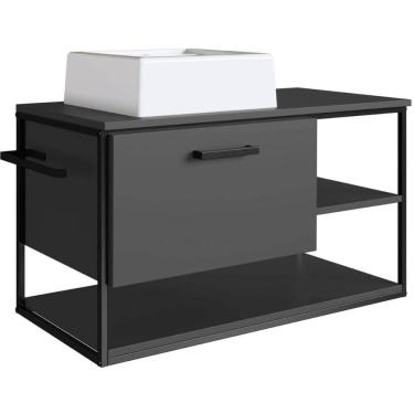 Imagem de Gabinete Para Banheiro com Cuba Gaveta Suspenso 80cm Grafite Industrial Placa e Ponto