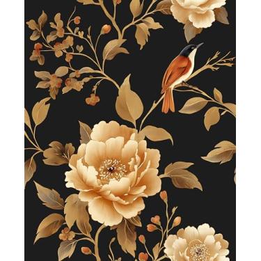 Imagem de Laatse Papel de parede vintage floral pássaro papel de parede boho 44.5 cm x 998.2 cm preto/dourado floral mural de parede impermeável autoadesivo moderno papel de parede para quarto cozinha armário