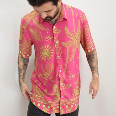 Imagem de Camisa Masculina Estampada De Botão Rosa Manga Curta Tropical Viscose 