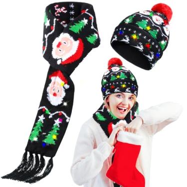 Imagem de Conjunto de 2 peças de cachecol com luzes de LED, gorro de tricô, gorro de LED, gorro de Natal para fantasias de Natal ou festa de suéter feio (Santa Claus)