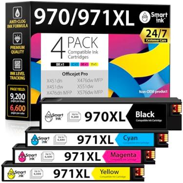 Imagem de Smart Ink Cartucho de tinta de substituição compatível para HP 970 XL 971 XL 970XL 971XL preenchido com tinta Kodak (preto e ciano/magenta/amarelo 4 unidades) para usar com Officejet Pro X451dn X476dn