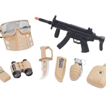 Imagem de Kit de Brinquedo Militar Infantil, 8 Peças, Máscara Tática, Binóculos, Faca, Granada e Metralhadora de Plástico, Bege e Preto