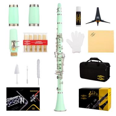 Imagem de Glory GLY-CLAGN Clarinete profissional Ebonite Bb com 10 palhetas, suporte, estojo rígido, pano de limpeza, escova de bocal e pincel de almofada, verde
