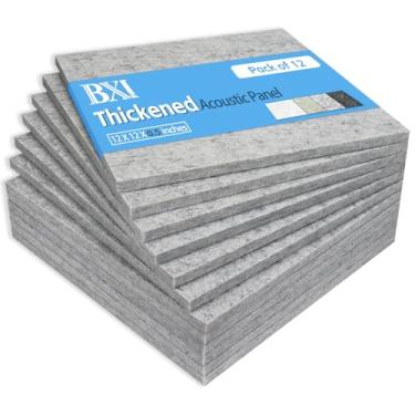 Imagem de BXI Painéis espessos de absorção de som – Pacote com 12 painéis acústicos densos de 30,5 x 30,5 x 1,5 cm, painéis de som com redução de ruído eco, painéis de estúdio aderentes para tratamento acústico de parede e teto