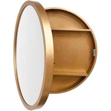 Imagem de Armário De Espelho Redondo Para Banheiro De 50 Cm Armário De Madeira Para Banheiro Porta Espelhada única Espelho De Banheiro Montado Na Parede Com 2 Prateleiras, Brown, 50 * 50cm