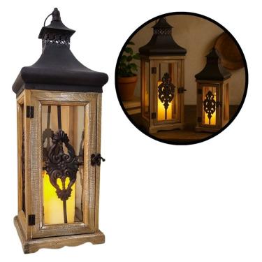 Imagem de Lanterna Decorativa Iluminada Madeira e Ferro Rústico Com Vela LED 37cm - Empório Decor
