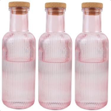 Imagem de Kit 3 Garrafas de Vidro Canelado para Água Suco 1 Litro Colorida Grace com Tampa Rolha (Rosa)