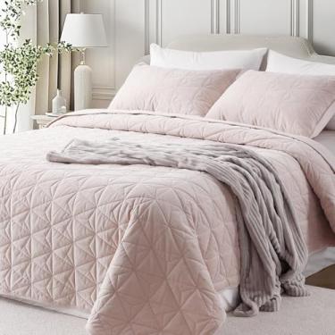 Imagem de DAWNDIOR Conjunto de colcha de veludo de luxo tamanho grande Max – 284,5 cm x 269,2 cm, costura geométrica, tripla camadas, leve para todas as estações, com 2 fronhas, rosa