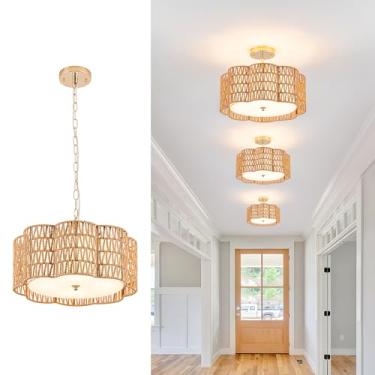 Imagem de Tbaoinla Luminária De Teto Em Flor Ameixa E Lustre Vime Com Cúpula Tecido (42 Cm, 4 Luzes), Painéis Pc À Prova Fogo Embutidos Certificação Ul Para Ilhas Cozinha Estilo Boho, Iluminação Moderna Sala