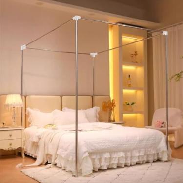 Imagem de Mengersi Cama Com Dossel, Tamanho Solteiro, Postes De Aço Inoxidável, Estrutura Espessa, Suporte Para Cortinas, Decoração Quarto Madeira E Metal (King Size)