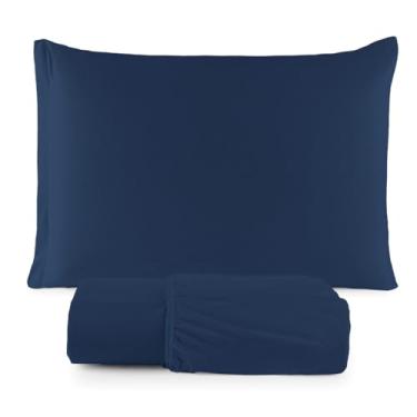 Imagem de Jogo de Lençol Malha 100% Algodão com Elástico 2 e 3 Peças Liso (Marinho, Solteiro)